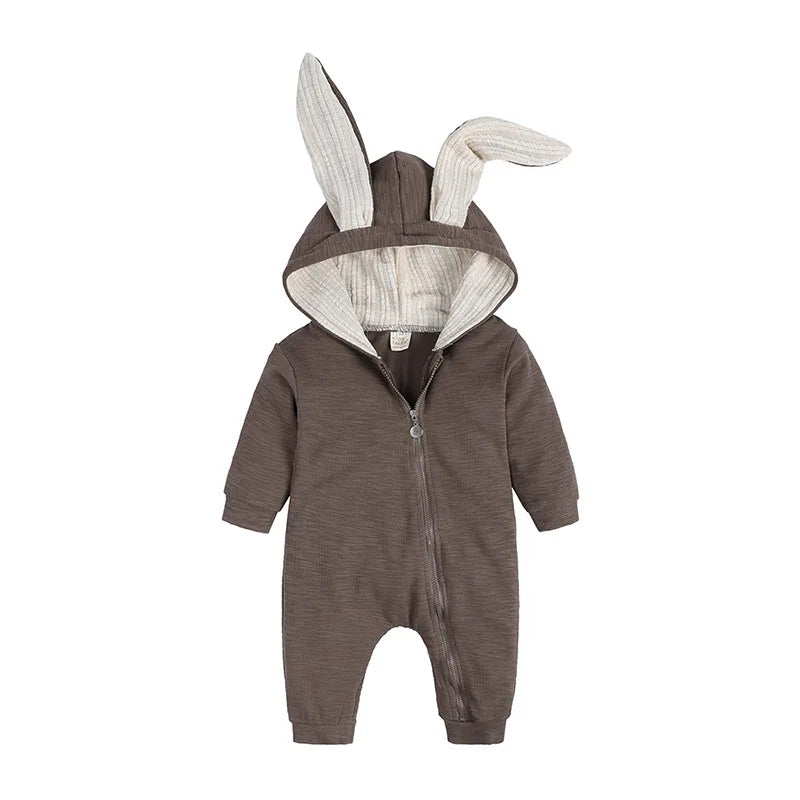 Brown baby onesie with bunny ears on a white background