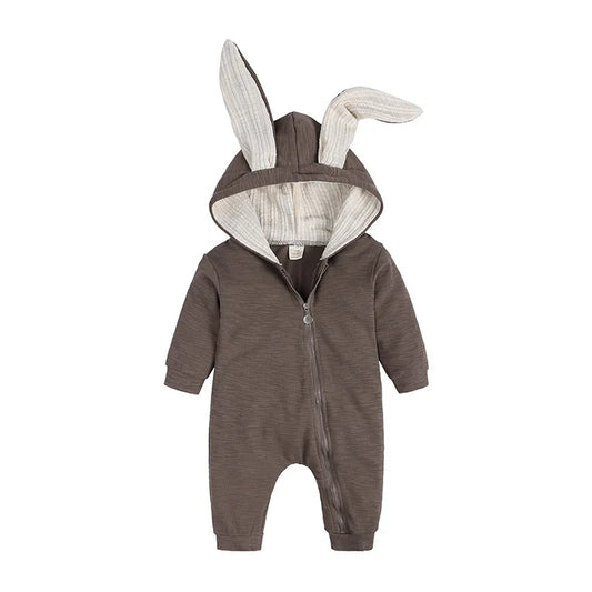 Brown baby onesie with bunny ears on a white background