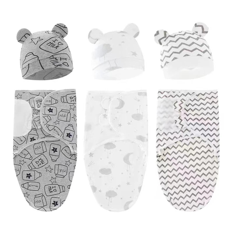 Cartoon Print Swaddle and Hat Set - Cotton Newborn Wrap