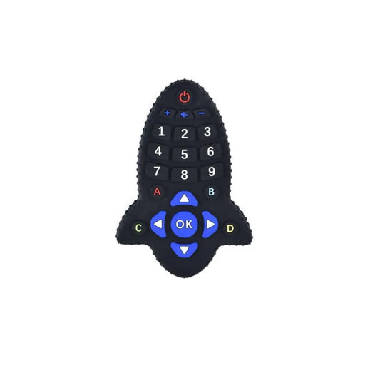 Black remote control with blue buttons on a white background