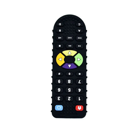 Black remote control with colorful buttons on a white background