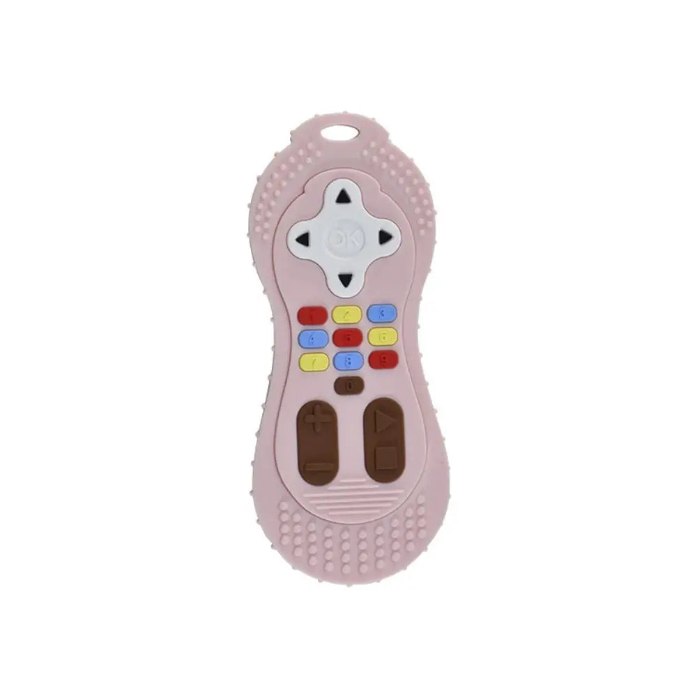 Pink toy remote control with colorful buttons on a white background
