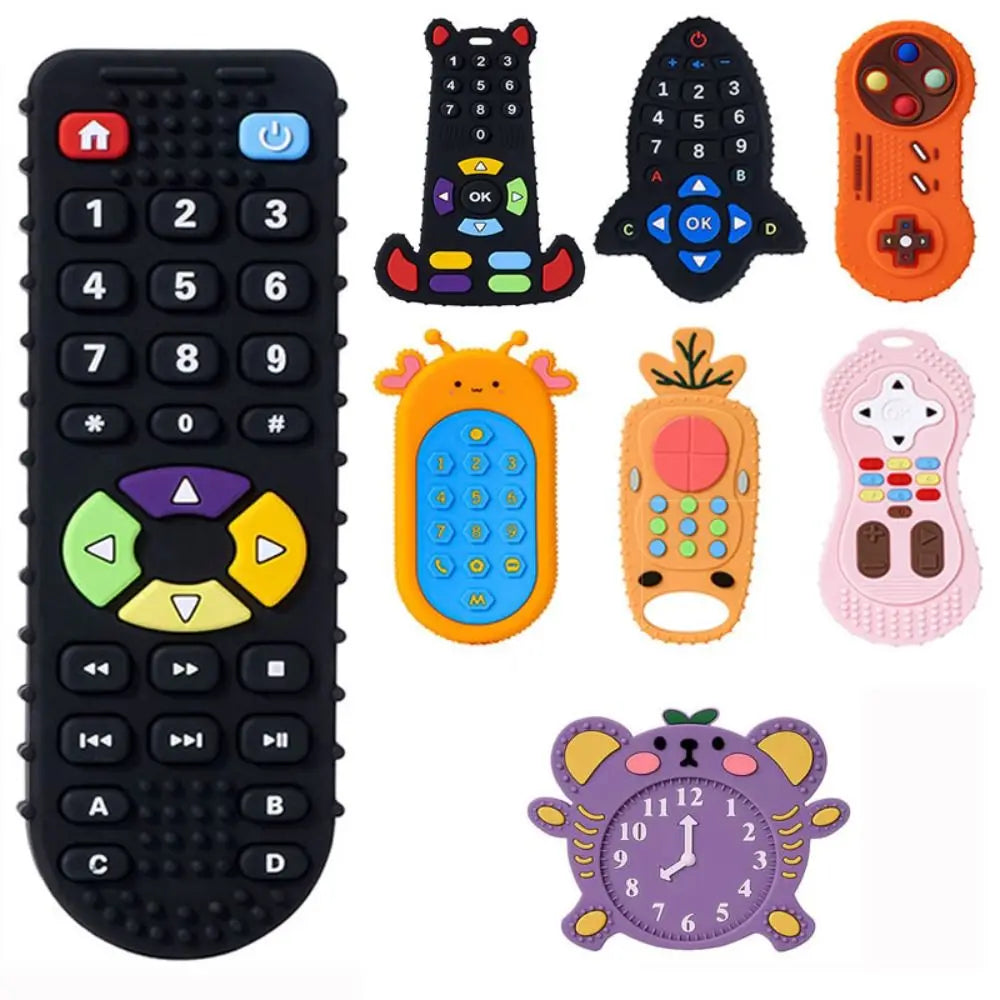 Collection of toy remote controls and a clock with colorful designs on a white background
