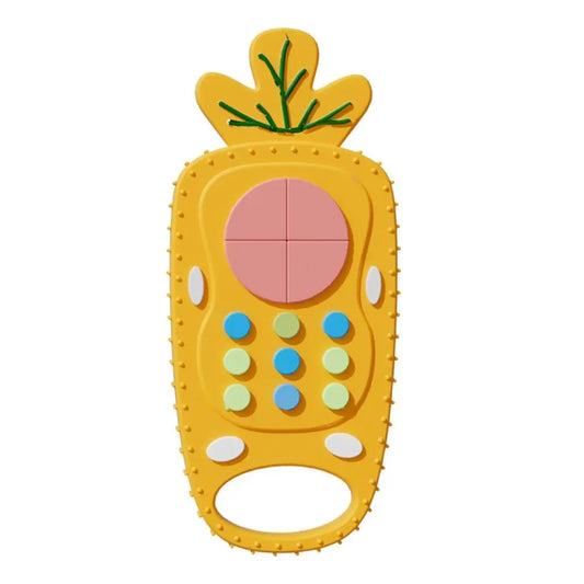 Yellow toy remote control with colorful buttons on a white background