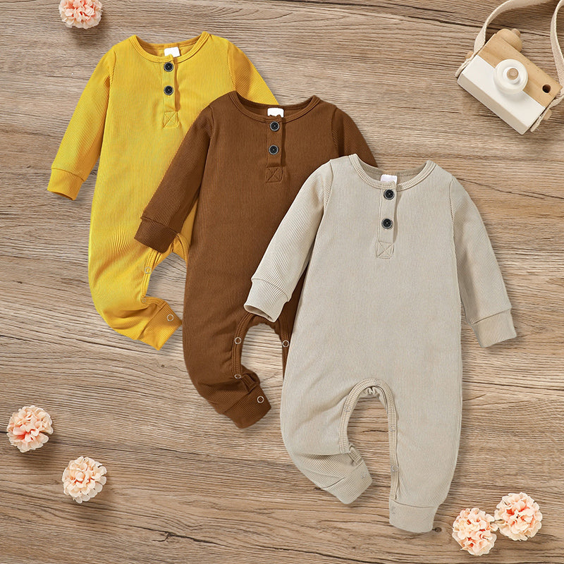 Soft Ribbed Baby Romper - 3-Pack Long Sleeve Button-Front Jumpsuit for Newborn to 24 Months