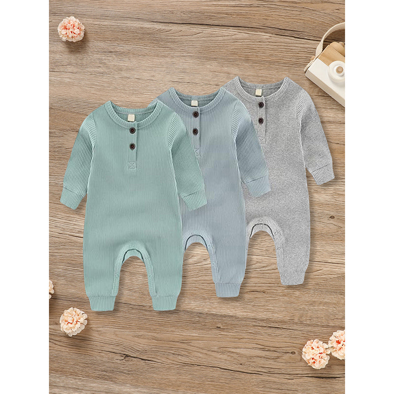 Soft Ribbed Baby Romper - 3-Pack Long Sleeve Button-Front Jumpsuit for Newborn to 24 Months